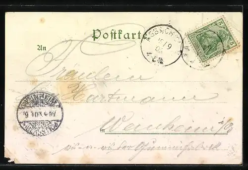 Lithographie Mörtelstein, Gasthaus z. Krone, Schule, Rathaus und Kirche