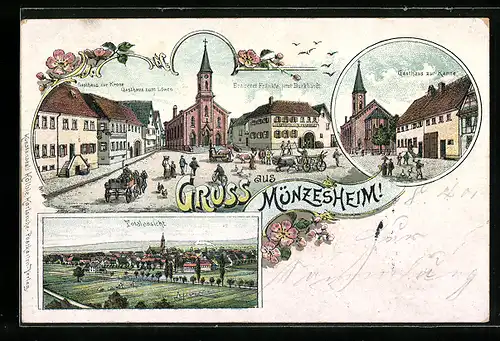 Lithographie Münzesheim, Gasthaus zur Krone, Gasthaus zum Löwen, Totalansicht