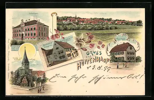 Lithographie Hüffenhardt, Schulhaus, Kirche mit Krieger-Denkmal
