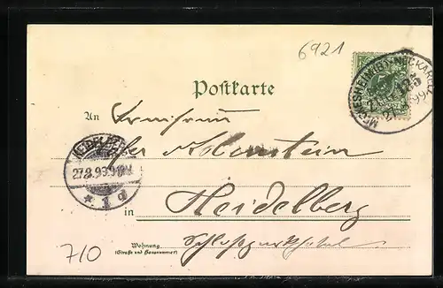 Lithographie Hüffenhardt, Schulhaus, Kirche mit Krieger-Denkmal