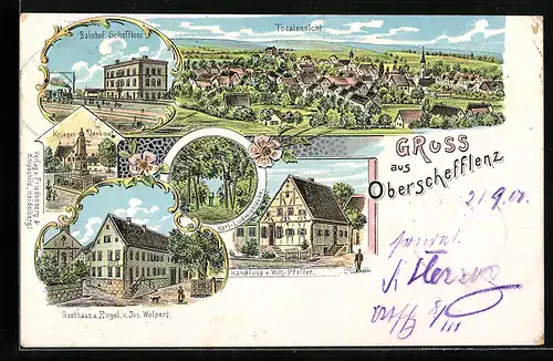 Lithographie Oberschefflenz, Gasthaus z. Engel von Jos. Wolpert, Bahnhof, Krieger-Denkmal