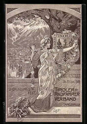 AK Innsbruck, 15. Gründungsfest des Tiroler-Radfahrer-Verbands 26.-29. Juni 1909, Totalansicht aus der Vogelschau