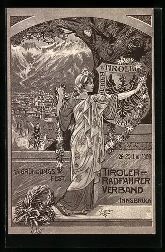 AK Innsbruck, 15. Gründungsfest des Tiroler-Radfahrer-Verbands 26.-29. Juni 1909, Totalansicht aus der Vogelschau