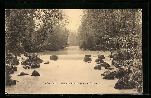 AK München, Wasserfall im Englischen Garten