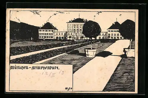 Künstler-AK München-Nymphenburg, Blick zum Schloss