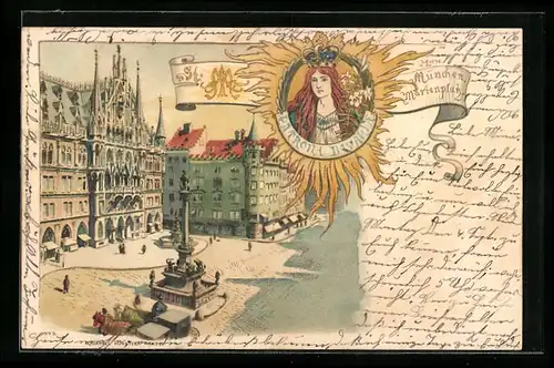 Lithographie München, Marienplatz mit Brunnen