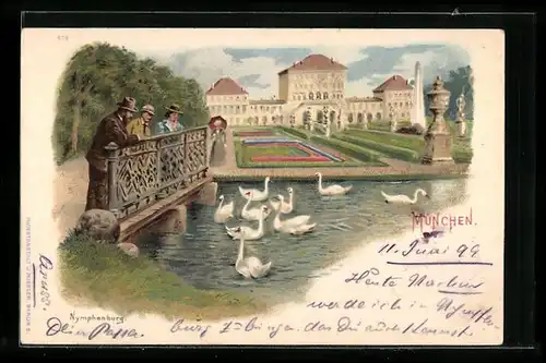 Lithographie München, Nymphenburg mit Besuchern und Schwänen