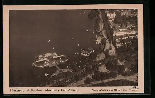 AK Hamburg, Aussenalster mit Alsterlust und Hotel Atlantic, Fliegeraufnahme