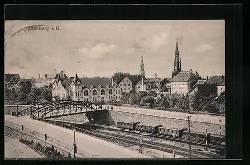 AK Offenburg i. B., Totalansicht mit Brücke und Bahnschienen