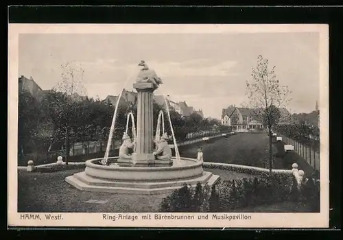 AK Hamm i. W., Ring-Anlage mit Bärenbrunnen und Musikpavillon