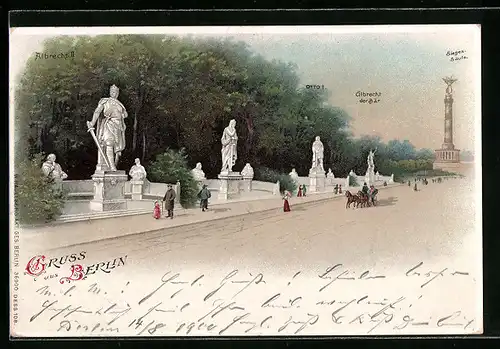 Lithographie Berlin-Tiergarten, Siegessäule, Albrecht der Bär, Otto I., Otto II., Albrecht II.