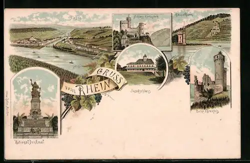 Lithographie Bingen, Totalansicht, National Denkmal, Jagdschloss