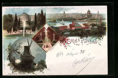 Lithographie Potsdam, Sanssouci, Historische Mühle, Panorama vom Brauhausberg