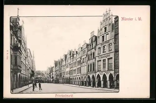 AK Münster i. W., Principalmarkt mit Mäntel-Fabrik v. Th. Henningfeld