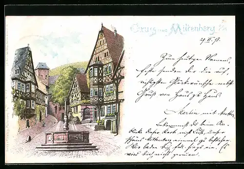 Künstler-AK Miltenberg a. M., Gebäude und Brunnen