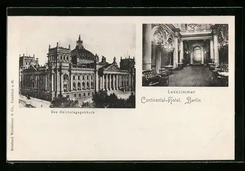 AK Berlin, Continental-Hotel, Lesezimmer, Neustädtische Kirchstrasse, Reichstagsgebäude
