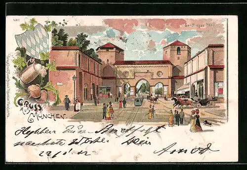 Lithographie München, Sendlinger Thor mit Passanten und Strassenbahn