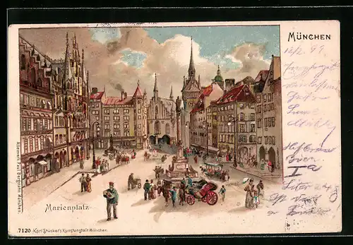 Künstler-AK Karl Heinisch: München, Marienplatz mit altem und neuem Rathaus