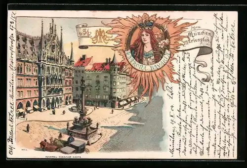 Lithographie München, Marienplatz, Patrona Bavaria