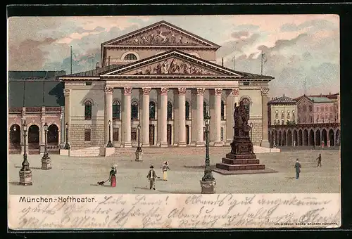 Lithographie München, Blick auf die Front des Hoftheaters