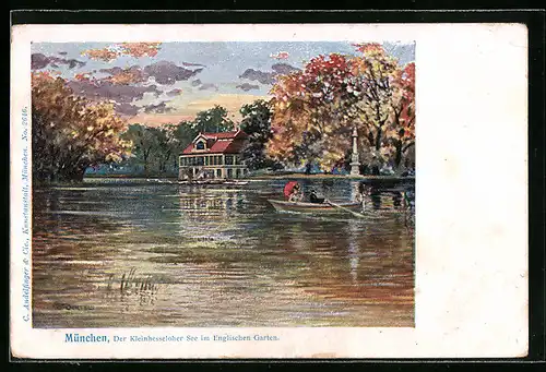 Lithographie München-Schwabing, Der Kleinhesseloher See im Englischen Garten