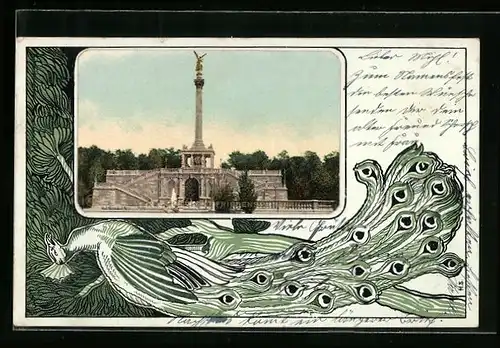 Passepartout-AK München, Friedensdenkmal, Pfau