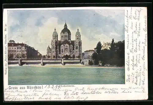 AK München, Lukaskirche vom Wasser aus gesehen