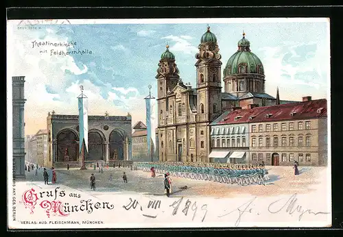 Lithographie München, Theatinerkirche mit Feldherrnhalle