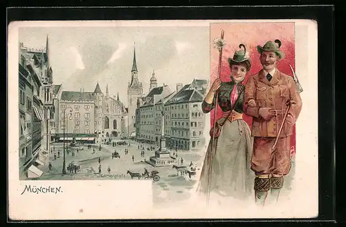 Lithographie München, Marienplatz, Paar in Tracht