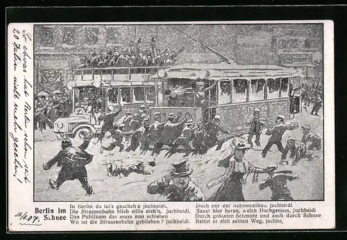 Künstler-AK Berlin, Strassenbahn ist im Schnee stecken geblieben