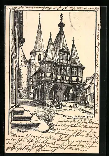 Künstler-AK Michelstadt, Partie am Rathaus