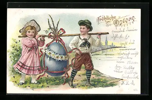Lithographie Junge und Mädchen tragen Osterei mit Hilfe einer Stange