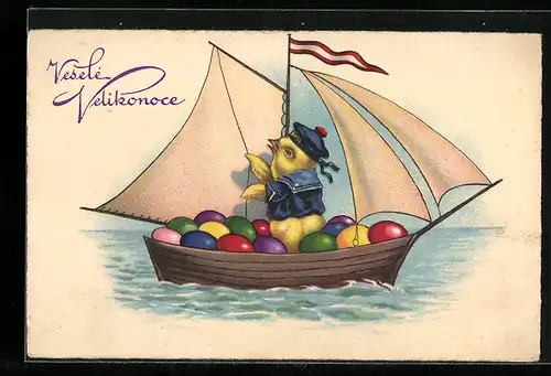 AK Osterküken im Osterei-Boot