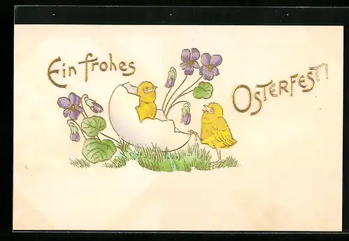 AK Osterküken in Eierschale, Ein frohes Osterfest