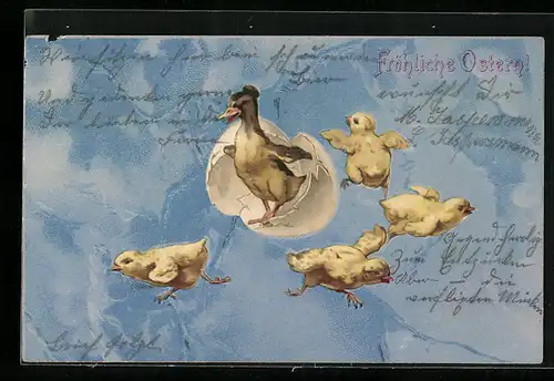 AK Osterküken schlüpft aus dem Ei