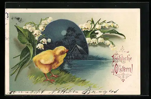 AK Osterküken mit Maiglöckchen