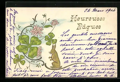 AK Osterhase mit Kleeblättern