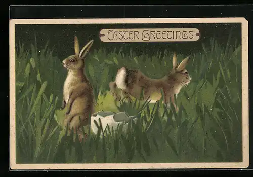 AK Frohe Ostern, Osterhasen und Eierschale