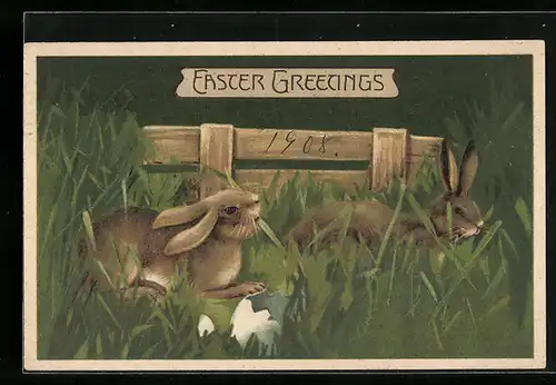 AK Osterhasen im Gras neben Eierschale, Frohe Ostern