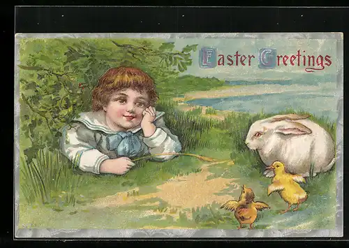 AK Kleiner Junge spielt mit Osterhasen und Küken