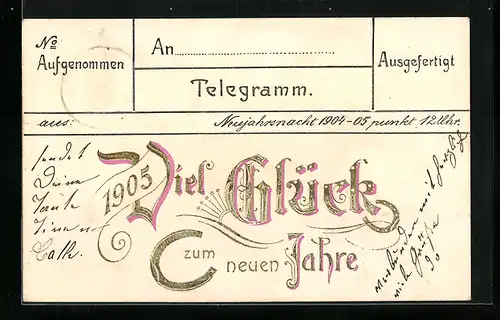 AK Jahreszahl 1905, Telegramm, Hufeisen