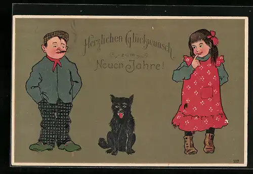 AK Junge und Mädchen mit Hund zu Neujahr