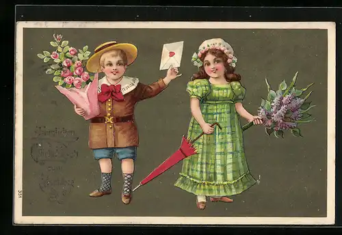 AK Kinder gratulieren zum Geburtstag mit Blumen und Brief