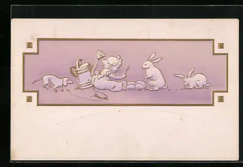 AK Mädchen spielt mit Osterhasen