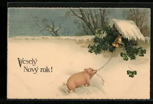 AK Glückwunsch zum neuen Jahre!, Schwein läutet Glocke, Kleeblatt