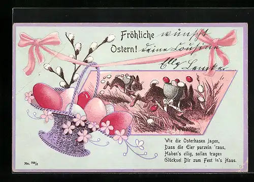 AK Osterhasen verlieren Ostereier beim Laufen, Korb mit Ostereiern u. Weidenkätzchen