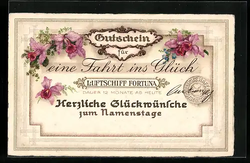 AK Luftschiff Fortuna, Die besten Glückwünsche zum Namenstage, Gutschein