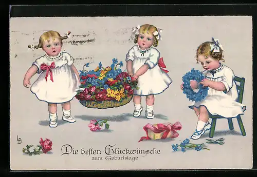 AK Drei kleine Mädchen mit Blumen zu Geburtstag