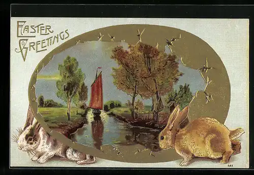 AK Osterhasen und idyllische Landschaft