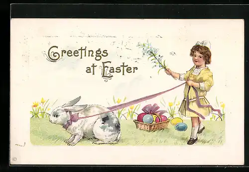 AK Greetings at Easter, Mädchen mit Osterhasen